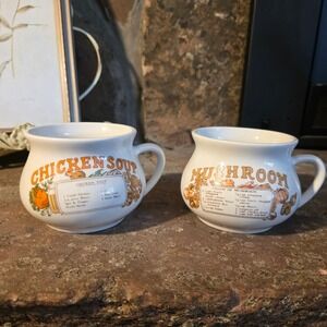 Vintage Recipe Soup Mugs Set 2 Chicken and Mushroom Ceramic Crocks Kitchenania